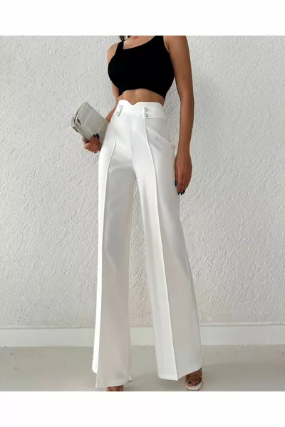 نسائي عالية الخصر Palazzo أزرار التفاصيل سليم صالح صالح السراويل