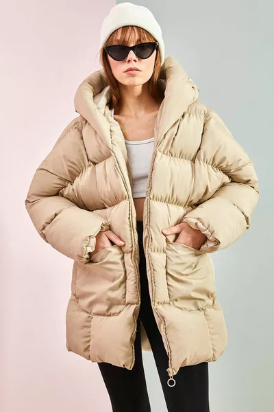 المرأة البيج كبير جيب مزدوج مقنعين معطف البخاخ كبير الحجم