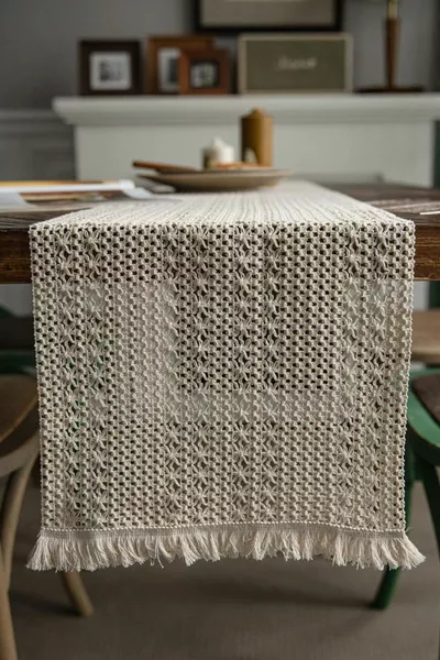 Runner Tablecloth Raw Cotton Knitted Lace Tassel Cream  cm