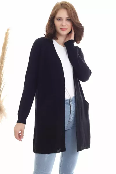 Women's Black Kangaroo Pocket Knitwear Cardigan