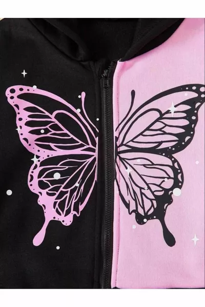 الفتيات فراشة مطبوعة سوداء وردية بسحاب كارديجان