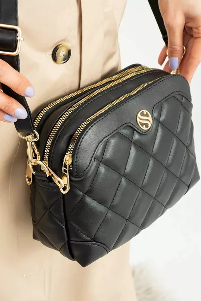 Zwarte 4-vaks verstelbare crossbody gewatteerde zachte leren schoudertas voor dames