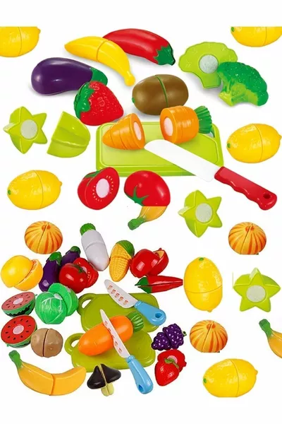 Fruits and vegetables are mixed with  pieces of toys cut in half: kiwi, watermelon, lemon, corn, pepper, strawberry, banana