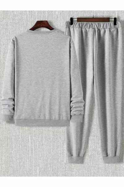 Сив Eagle Jogger Суитшърт Долен горен анцуг Оверсайз щампа с кръгло деколте