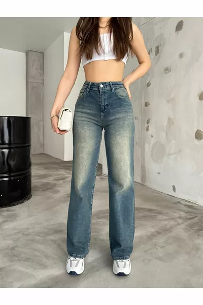 Damen Pale Effect Vintage Jeans mit hoher Taille und weitem Bein