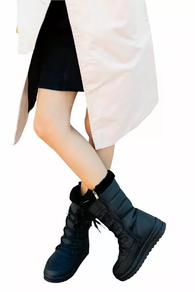 Tvingo Women's Black - White Thermal Wool Snow Boots - Black