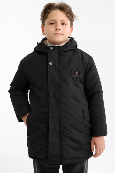 Для мальчиков мех с капюшоном, ветрозащитное черное зимнее пальто и парка