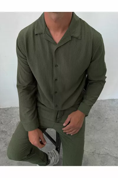 كم طويل كاكي اللون هزلي قميص رجالي عادي كامل النمط