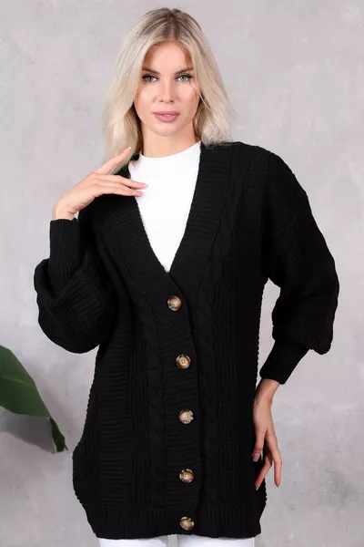 Dames Gebreid Vest 5 Knoop Haar Gevlochten Vest Zwart