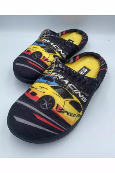 Boys' Black Car Design Winter House Slippers .