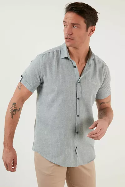 % Cotton Linen Look Slim Fit Short Sleeve Shirt Men's Shirt 