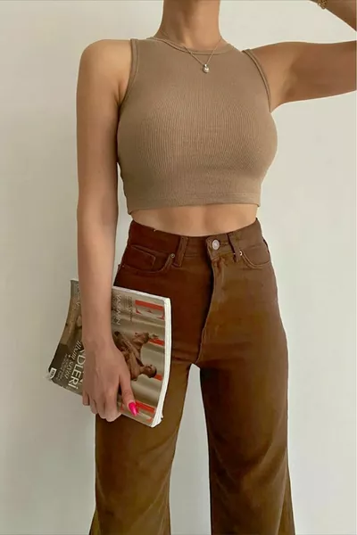 ديس أول ستار ايكون جولد ليكرا براون رث جينز سوبر هاي بنطلون ليكرا بالازو