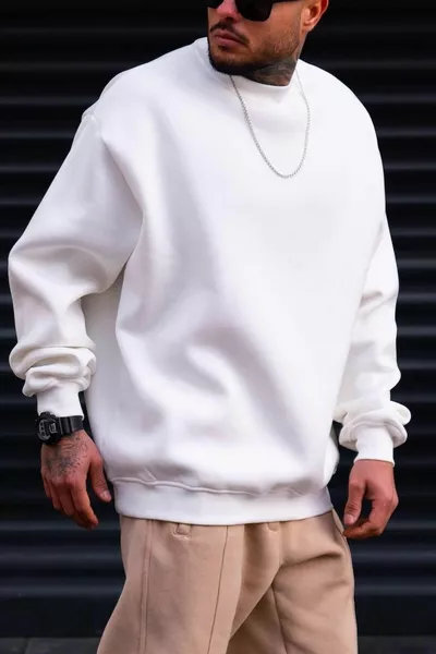 Men's Plain Off-White Cream Ecru Basic Unprinted Zero Crew Neck Oversize Shabby Sweatshirt