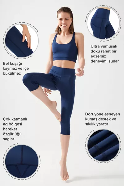 Donna Blu Navy Vita Alta Pickup Doppia Tasca Sotto Il Ginocchio Capri Leggings Capri