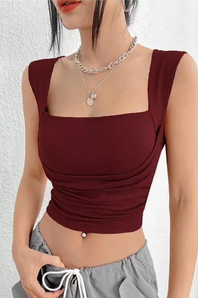 Square Neck Drawstring Detailed Stretchy Crop Blouse