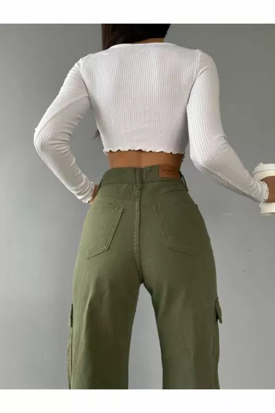 Mood Wide Leg Khaki Cargotasche Palazzo Jeans 
