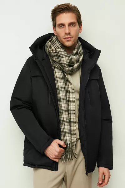 الرجال الأسود الألياف يندبروف مقنعين معطف الشتاء ومعطف وباركا