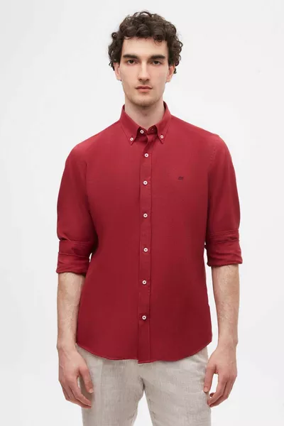 Slim Fit Bordo Oxford Düğmeli Yaka Kolay Ütülenebilir Nakış Detaylı Pamuklu Gömlek