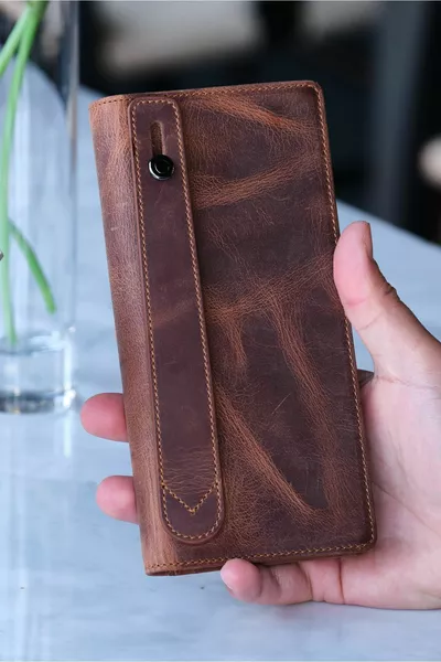 Alba - محفظة مع حجرة هاتف - محفظة طويلة من الجلد الطبيعي - حزام مغناطيسي ويد، للجنسين - أسمر