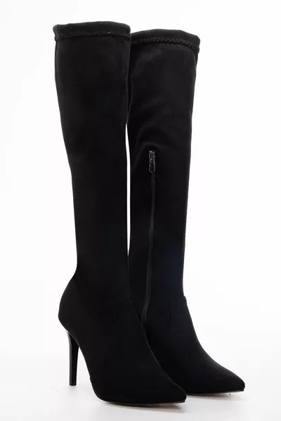 النساء وأشار اصبع القدم 9 سنتيمتر رقيقة الكعب الأسود من جلد الغزال تمتد الركبة الجوارب الأحذية