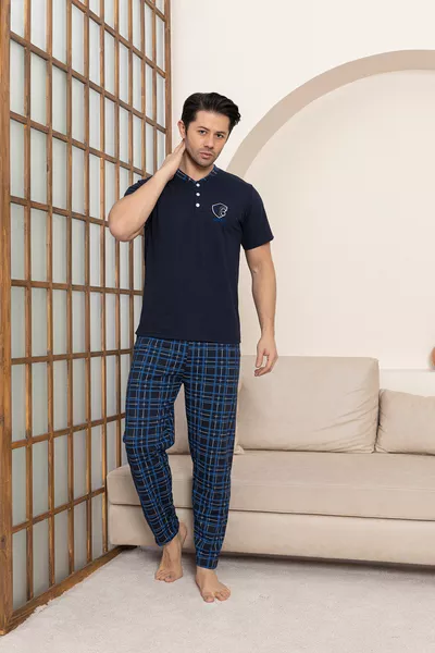 Men's Navy Checkered Cotton Short Sleeve Pajama Set