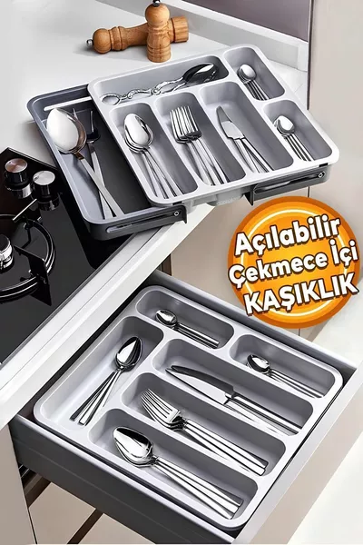 Двустранно регулируем органайзер за прибори за чекмедже с разтегателен отдел за лъжици и вилици