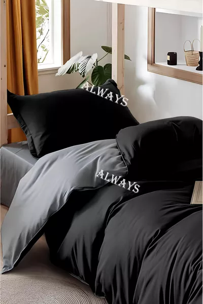 طقم غطاء لحاف فردي بوجهين مع شرشف مطاطي أسود-رمادي