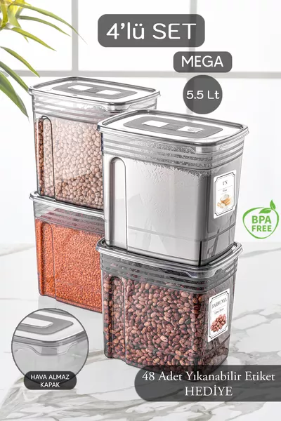 Lot de 4 contenants Lena Jumbo de 5,5 litres avec couvercle - Boîte de rangement pour provisions et légumineuses - Boîte de rangement pour matériaux