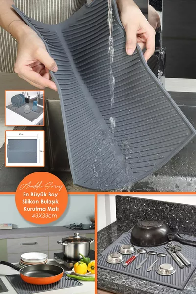 En Büyük Boy Antrasit  X  Cm Silikon Bulaşık Kurutma Matı Bulaşıklık | Bulaşık Altlığı