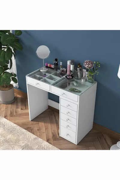 راني طاولة مكياج مع 7 أدراج وعلبة زجاجية لتنظيم المجوهرات باللون الأبيض