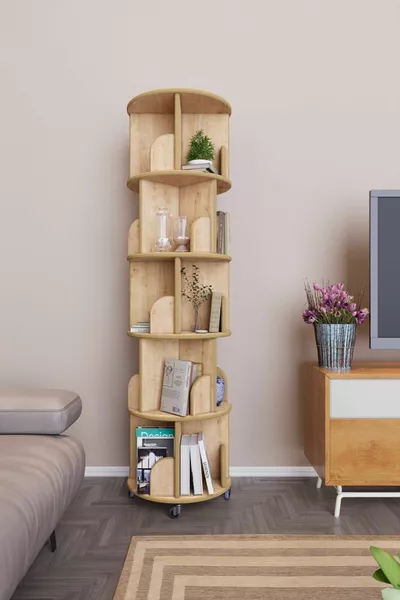 ° Mdflam Dekoratif Döner Kitaplık- 5 Katlı/ Raflı - Meşe