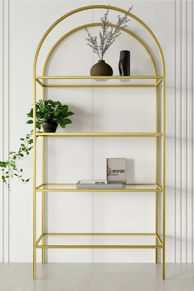 4-laags glazen boekenkast goud (verouderd) met glazen poten van gehard transparant glas