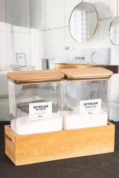 Двоен дървен съд за прах за пране с дървена поставка и вакуумен капак,  мл, цветни и бели, от мика