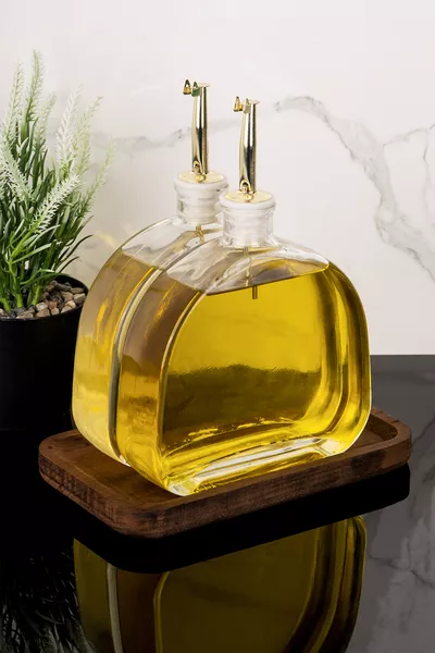 Set de 2 huiliers de luxe avec support en bois, bouchon doré, en verre pour huile d'olive, huile de tournesol, sauce et vinaigre