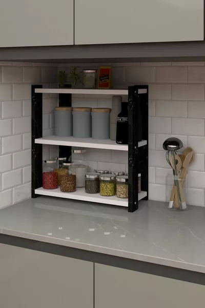 Set di Spezie da Banco a Tre Livelli, Speziere con Motivo Marmo Nero, Marmo Bianco e Bianco, Taglia Unica