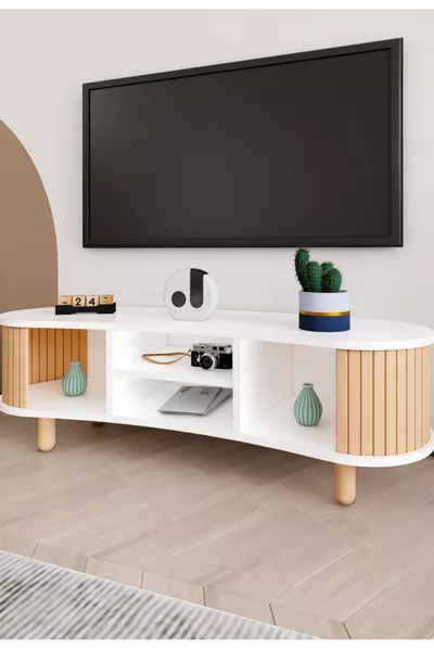 Weltwood Tokyo TV Unit MDF, Beech Polished Slat, Bohemian Style, Modern, Durable, and Stylish TV Stand