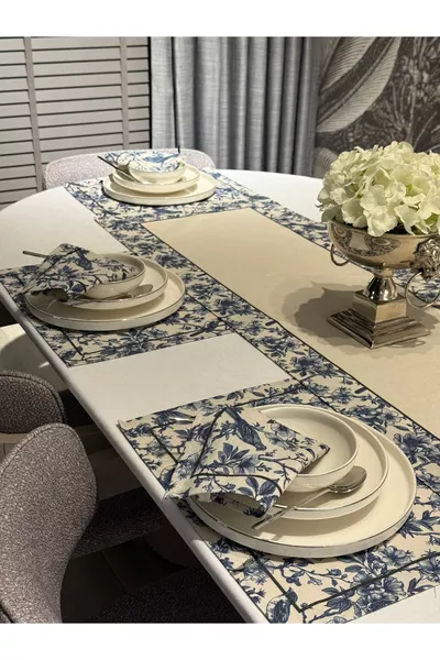 6 sets de service américains en lin motif Pamira + 1 chemin de table – 6 serviettes