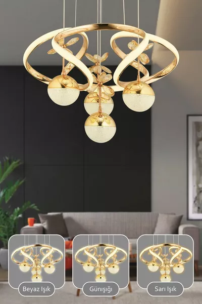 ثريا مودرن ذهبية مطلية بإضاءة LED بثلاث ألوان مع جهاز تحكم عن بعد لغرفة المعيشة