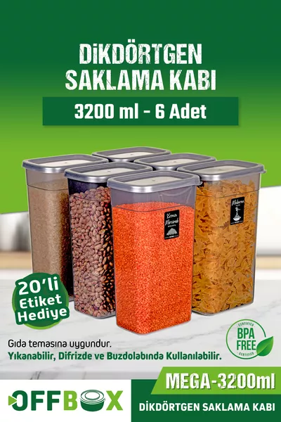 Набор из 6 прямоугольных контейнеров для хранения продуктов и круп, 3,2 литра, с наклейками в подарок