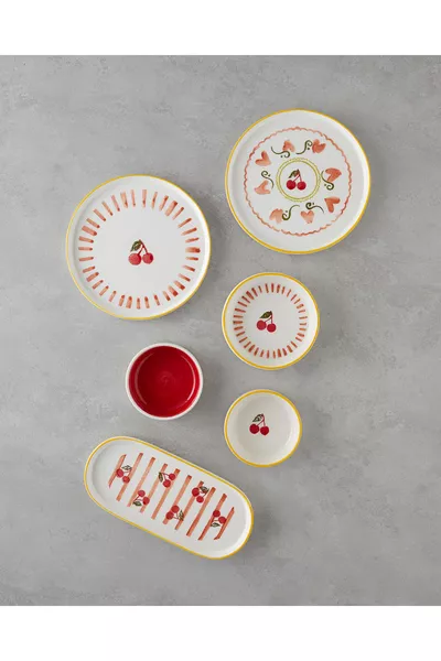 Cherry Seramik Kahvaltı Takımı  parça 6 kişilik Kırmızı-Sarı