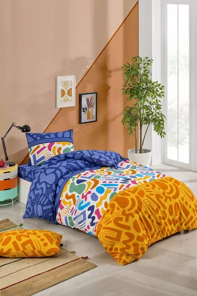 Set di lenzuola con angoli e copripiumino singolo colorato Doodle
