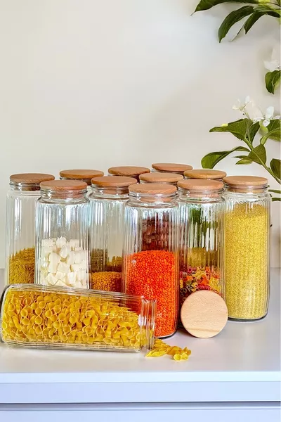 'li Ahşap Kapaklı Cam Kavanoz Seti Vakum Kapaklı Bakliyat Seti  ml