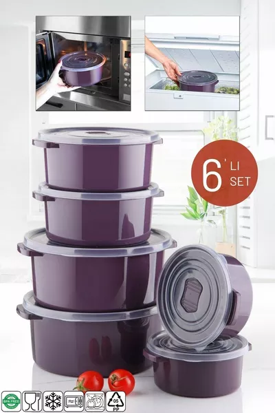 طقم علب تخزين دائرية 6 قطع باللون البنفسجي مناسبة للاستخدام في الميكروويف والفريزر