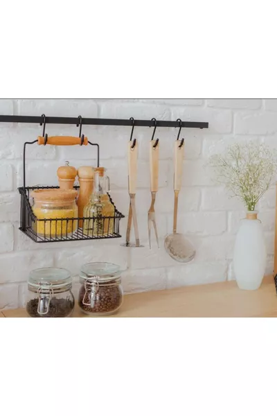 Wooden Handle Metal Basket and Rack Retro Countertop Hanging Kitchen Basket with Handles