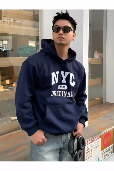 Navy NYC Printed Hooded Unisex Sweatshirt