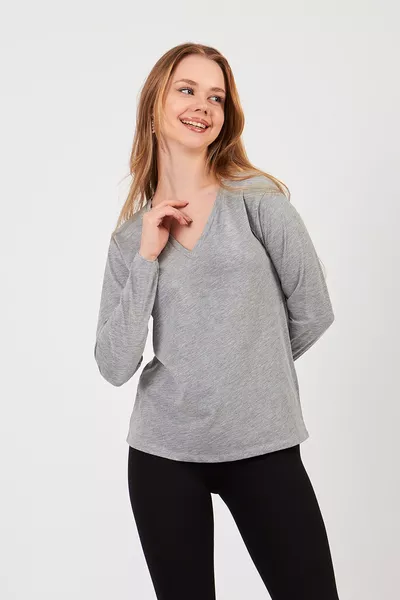 قميص نسائي بياقة V وأكمام طويلة