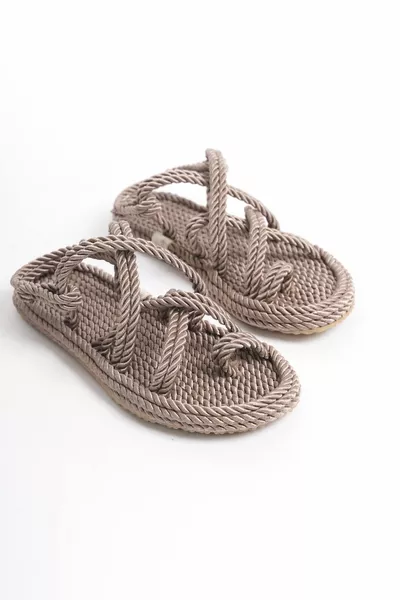 Honey Beige Rope Drawstring Straw Sandals