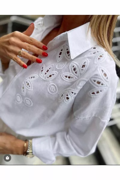 قميص نسائي طويل الذراع كتان أبيض 