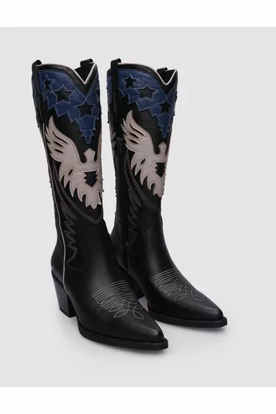 % натуральная кожа черный - синяя молния женские ковбойские сапоги