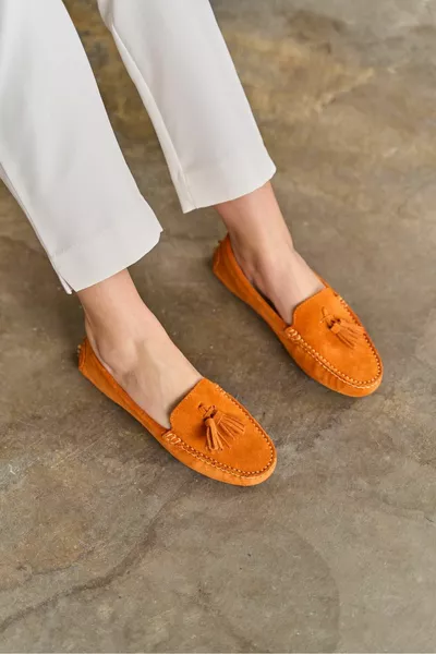 Penelope Orange Suede Женские лоферы из натуральной кожи с кисточками